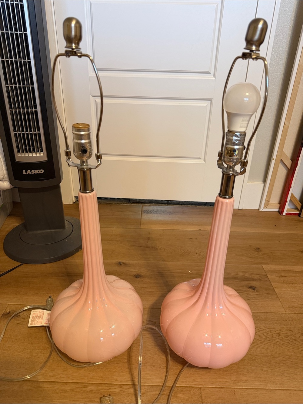 Pair of Pink Glass Table Lamps with Sculpted Bases -